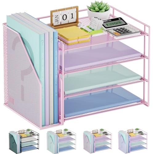 Marbrasse 4-Tier Paper Tray Organizer with File Holder, Pink - color: Pink