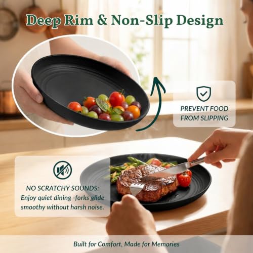 Homienly Wheat Straw Plates Unbreakable Deep Dessert Plates Set of 8 Plastic Plates Reusable Microwave Safe Plate for Kitchen Camping Party Dishwasher Safe Stackable Appetizer Plates (8in, Black) - color: Black, size: 8 Inch