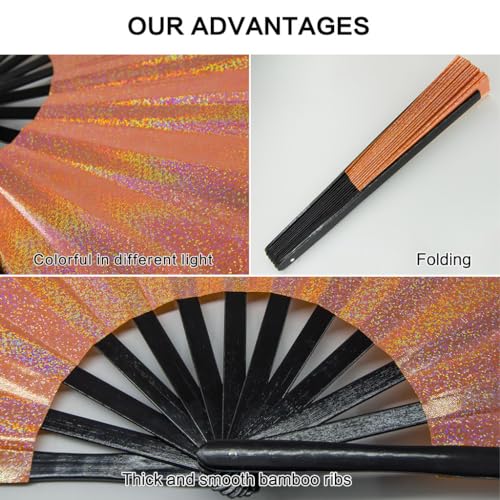 Large Rave Fan, Clack Folding Hand Fan with Premium Fabric, Thick Bamboo Frame for Men Women Gift for EDM, Festival, Club, Party, Dance, Decoration (Lridescent Orange, 13") - color: Lridescent Orange, size: 13"