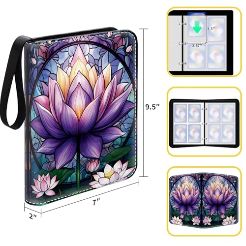 Card Binder 400 Pockets, 50 Sleeves Large Binder Trading Cards Holder 4 Pocket, Storage Organizer, Album Folder Case Protector Collector Gift Lotus Flower Purple Rose Glass - color: Lotus Flower Purple Rose Glass, size: 4 Pocket