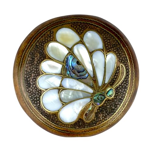 Handmade Natural Wooden Compact Mirror with Abalone Shell and Mother of Pearl Inlay- Magnifying Make Up Mirror - color: Butterfly