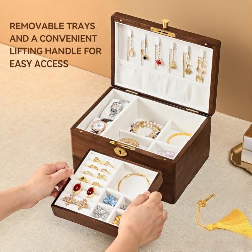Black Walnut Jewelry Box for Women, 3 Layer Top Lock Wooden Organizer Case - color: 3 Layer Top Lock
