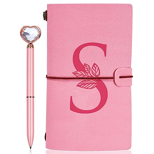 Personalized Journal Gift-Pink Initial Leather Journal+Heart Diamond Pen Set,Travel Notebook Diary Gifts,Refillable Notepads,Christmas,Birthday Gifts for Women Girls (7.9"x4.7") (S) - style: S