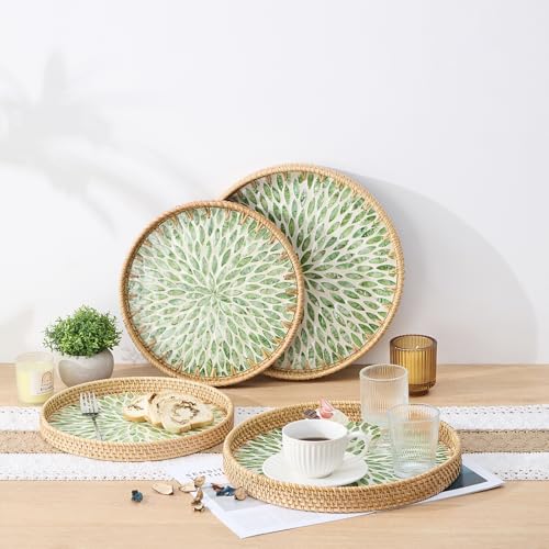 Round Rattan Tray with Mother of Pearl Inlay, Rattan Serving Tray with Wooden Base, Decorative Wicker Basket for Table Decor, Storage and Display of Coffee Bread Food Fruit (Leaf 13.5") - color: Leaf, size: 13.5"