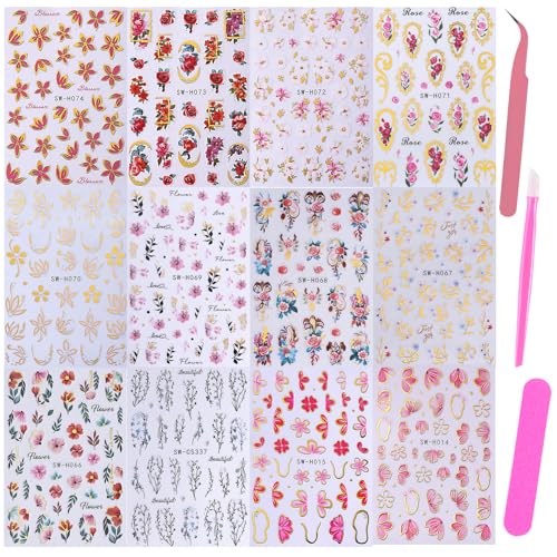Flower Nail Stickers for Nail Art 12PCS 3D Self-Adhesive Nail Decals with Tweezers Floral Leaf Line Designs Manicure Decoration Spring DIY Charming Flowers Nails Supplies for Women - style: Flower Styles-02
