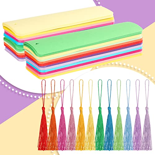 Sinmoe 120 Pcs Blank Paper Cardstock Bookmark with Tassels DIY, Solid Color