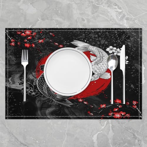 Feelyou Japanese Koi Fish Placemats Set Set of 4 18"x12" - color: Red White and Black