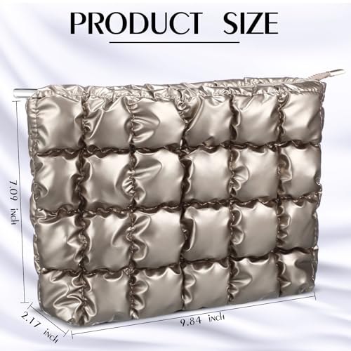 Hillban Champaign Gold Puffy Quilted Makeup Bag for Women Gift, Classic - color: Champaign Gold, size: Classic