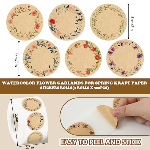 Whaline 500 Pcs Spring Kraft Label Stickers Roll Tag Stickers Watercolor Flower Wreath Self-Adhesive Decals for Holiday Invitation Envelope Decor, 6 Designs, 2 Inch