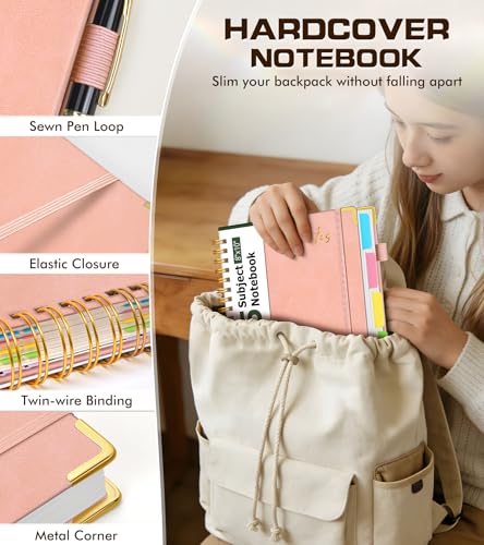 5 Subject Spiral Notebook Journal with Removable Dividers Tabs, 300 Pages Organizer Notebooks for Work School, 8"x10" Hardcover Leather Notebook College Ruled, Large Lined Journal for Women Men,Pink - color: Pink, size: B5