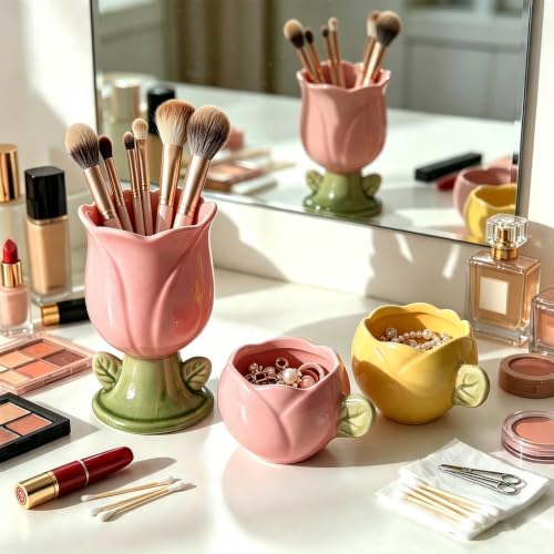 2 Pack Tulip Ceramic Paper Clip Holder, Flower Office Desk Decor - color: Tulip Pink+Yellow
