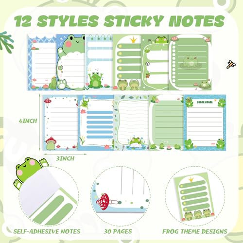 Dispowreath 24 Pcs Frog Sticky Notes with Pens Christmas Themed Gifts Notepad Cute Memo Notes Pads Self Adhesive Black Ink Ballpoint Pen for Frog Lover Gifts Office School Students Teacher Supplies - style: Frog