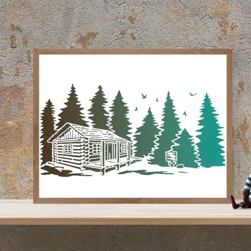 MAYJOYDIY 2pcs Forest Cabin Tree Stencil 22×11inch Splicing Style Forest Pine Cabin Stencil Nature Forest Landscape 11.8×11.8inch Drawing Template with Paint Brush for Art Crafts Canvas Furniture - color: Forest Cabin Tree