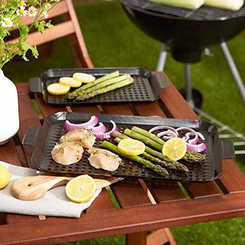 RSVP International Porcelain Coated Steel BBQ Grill Tray/Pan, Outdoor Barbeque Grilling Accessories for Cooking Fish & Vegetables, Dishwasher Safe, Small, 13x7.25/Medium, 16.75x10" - size: Small, 13x7.25"/Medium, 16.75x10"