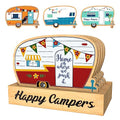 Wood Drink Coasters Set of 4, Happy Camper Cute Coasters with Holder - color: Red