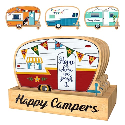 Wood Drink Coasters Set of 4, Happy Camper Cute Coasters with Holder - color: Red