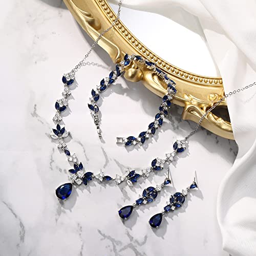 BriLove Wedding Jewelry Set for Women, Y-Necklace Tennis Bracelet Dangle Earrings with AAA Cubic Zirconia Teardrop for Bridal Bridesmaid - color: Sapphire Color Silver-Tone