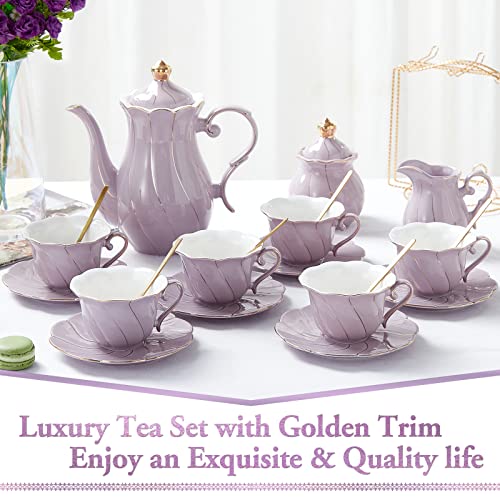 DUJUST 22 pcs Porcelain Tea Set for 6, Luxury British Style Tea/Coffee Cup Set with Golden Trim, Beautiful Tea Set for Women, Tea Party Set, Gift Package (With a Stand) - Purple - color: Purple