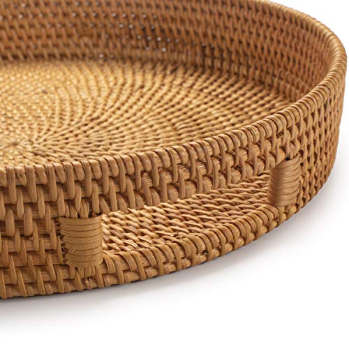 Coffee Table Tray Round Rattan Ottoman Tray Woven Serving Trays with Handles for Home and Kitchen Decorative Natural (Large 14 inch x 2.4 inch) - color: Natural, size: 14"