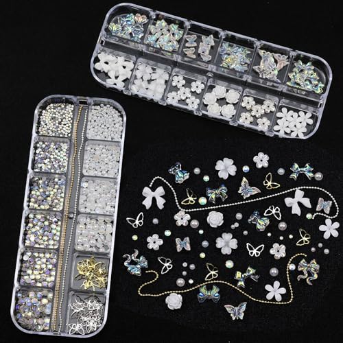 White Flower Nail Charms Rhinestones for Women Nail Design - color: Colorful-04