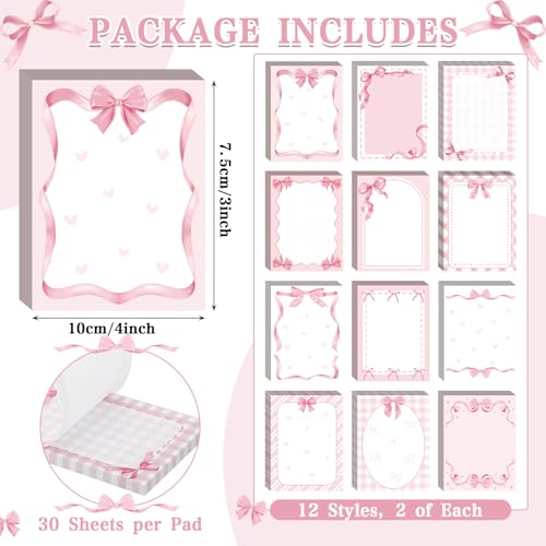DERTE 24 PCS Pink Bow Sticky Notes Coquette Notepad Back to School Supplies