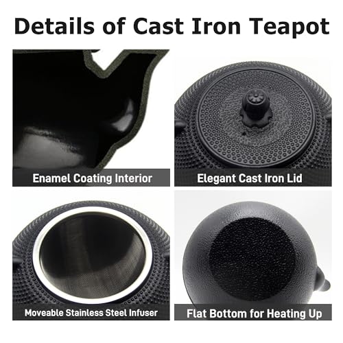 YJX 40.6oz Black Cast Iron Tea Pot Set with Teacups, Japanese Tetsubin - size: 1200 ml with Cups