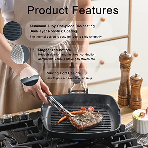 S·KITCHN Grill Pan with Folding Handle, Nonstick Grilling Pan for Stove Tops, Induction Compatible Square BBQ Pan with Pour Spouts - 11 in - size: 11 IN