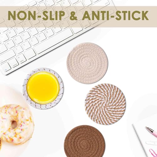 Drink Coasters 8 Pack with Holder, 4-Color Cotton Woven Absorbent Coasters Set, Minimalist 4.3in Cup Mat for Home Decor, Dining Table, Living Room, Tabletop-Protection for Coffee Beverage-Brown - color: Brown