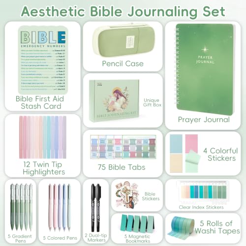 XKDOUS 50 Bible Study Supplies Journaling Kit with Journal and Case, Green - color: Green