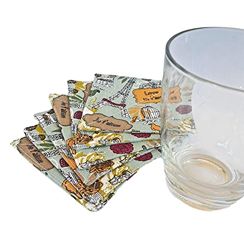 CUSHYSTORE Canvas Floral 2 Layers Coasters Saucers Absorbant Mat Pad Floral Botanical Style Fabric Quilted for Glass Cup Drinking 4", 6 Pack (Green City Park) - color: Green City Park
