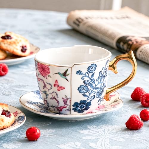 KAMMAK Tea Cups and Saucers Set of 2, 8 oz Porcelain Coffee Cups, YX018 - size: 8CZYX018