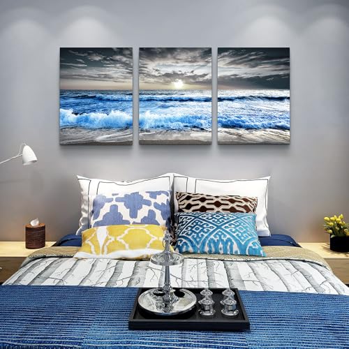 MHARTK66 3 Panel Blue Beach Canvas Wall Art for Home Decor Bedroom Wall painting Sunset White Wave Beach Pictures on Canvas Sea View Canvas Prints Artwork for Wall Decor Living Room Decorations - color: Blue Sea Waves Wall Painting, size: 16x24inches*3pcs
