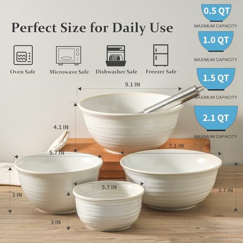 Hasense Ceramic Mixing Bowls, 2.1/1.5/1.0/0.5 Qt, Nesting Bowls for Cooking, Baking, Serving Dishes for Salad, Fruits, Popcorn, Dishwasher & Microwave Safe, Set of 4, Clay-Infused White - color: Clay-Infused White, size: 20+40+65+84 Ounce