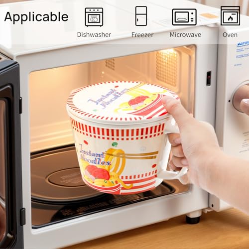 Pumtus Ceramic Ramen Bowl with Lid, 35 OZ Large Japanese Instant Noodle Cup with Fork & Handle, Cute Deep Soup Mug Set, Cereal Porridge Tableware for Home Office Dorm, Microwave & Dishwasher Safe