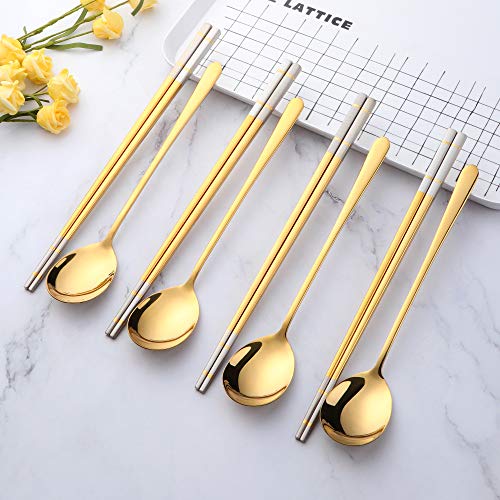Buyer Star 4 Set Gold Square Chopsticks and Spoons Set Metal Stainless Steel Spoons Chopsticks Set - color: gold-square chopstick and spoon