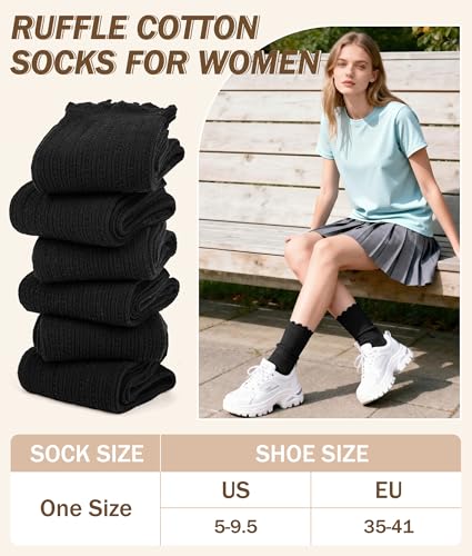 Justay 6 Pairs Ruffle Socks Women, Crew Cotton Frilly Boot Socks - color: Pure Black