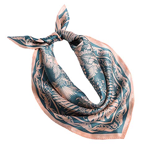 ANDANTINO 100% Mulberry Silk Scarf -Women 35" Square Hair Wraps-Gift Packed - color: Blue & Pink Leaves