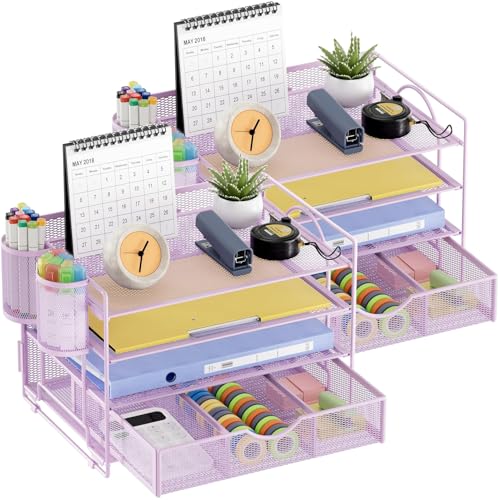 Marbrasse Desk Organizer, 4-Tier Paper File Letter Tray, Purple-2P - color: Purple with Pen Holder 2P