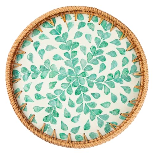 Round Rattan Tray with Mother of Pearl Inlay, Coffee Table Wicker Tray with Wooden Base, Decorative Trays for Home Decor and Display of Coffee Food Fruit Bread (Green Wicker)
