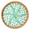 Round Rattan Tray with Mother of Pearl Inlay, Coffee Table Wicker Tray with Wooden Base, Decorative Trays for Home Decor and Display of Coffee Food Fruit Bread (Green Wicker)