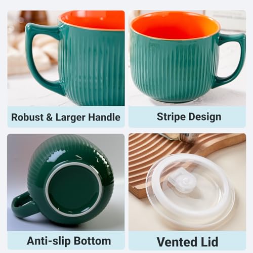 Ceramic Soup Bowl with Handle & Lid, Large 32oz Microwave Ramen Bowl Green - color: Green/Orange-32, size: 32 OZ