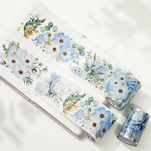 WT Serene Wide PET Tape, Single Roll, Original Designs, Watercolor Blue Flower Decorative Tape, Transparent Clear Adhesive Tape, Journal Scrapbook Bujo Planner DIY Craft Supplies - color: WT Serene Wide PET Tape