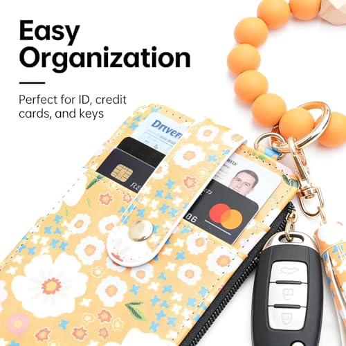 Flower Keychain Wristlet Wallet for Women, Cute Silicone Beaded Credit Card Holder Key Ring Bracelet Wallet - color: D-yellow