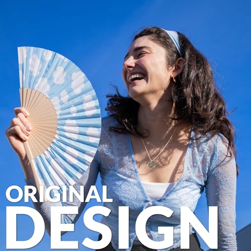 Fisura - Original Fan with Clouds Print. Modern and Colorful Wooden Fan. Blue Hand Fan. Hanger Included. Measures: 42,5 x 23 cm - color: Clouds, Blue