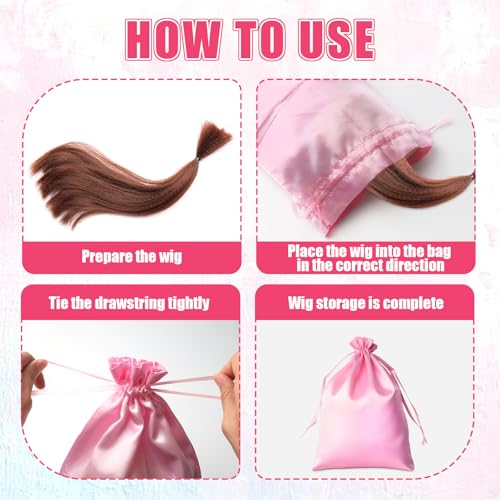 2Pcs Silk Satin Wig Bags with Drawstring, Satin Pink Gift & Travel Bag