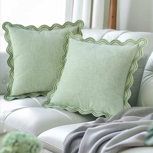 TINYSUN Green Decorative Scalloped Throw Pillow Covers Set of 2, Embroidered Scallop Wavy Design, Premium Chenille Cushion Spring Pillow Cover for Sofa Couch Living Room(Mint Green,18x18 Inch) - color: Mint Green
