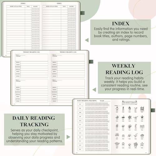 AKONEGE Reading Journal for Book Tracking - PU Leather Book Journal Reading Log with 80 Reviews for Readers, Accessories with Sticky Tabs, Pen Holder, Ribbon Bookmarks, 5.6" x 8.3", Dark Green - color: Dark Green
