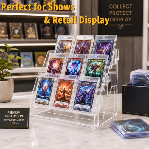 2 Pack 3-Tier Greeting Card Display Stand – Clear Vertical Riser Shelf Rack Holder for Trading Baseball Basketball Sports Graded Game Cards