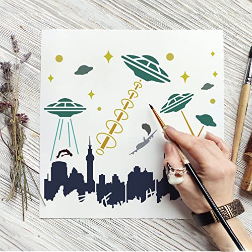 FINGERINSPIRE UFO Attack on City Stencil 11.8x11.8inch, Alien Template Stencils UFO Spaceship Humans City Buildings Pattern PET Reusable Large Stencils for Painting on Wood, Floor, Wall, Fabric - color: UFO Attack City