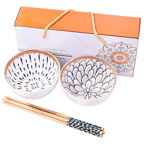 Porcelain Rice Bowl with Chopsticks Set of 2, 4.5'' Bohemian Sushi Bowls - style: TH4